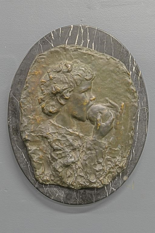 Oval bronze relief plaque of a
