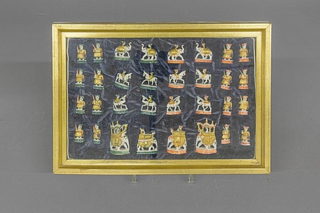 20th c. framed carved bone chess