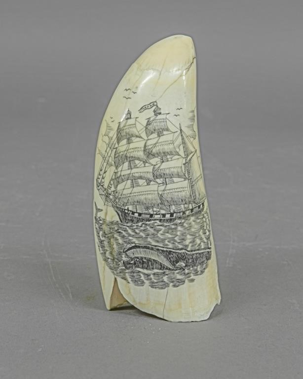 Whales tooth 19th c. with later scrimshaw