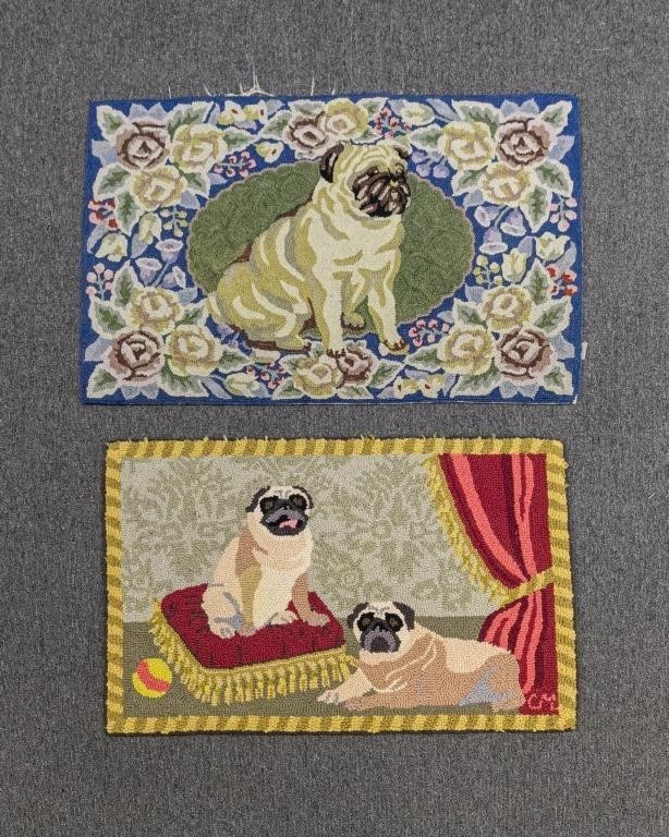 Two pug dog hooked rugs by Claire