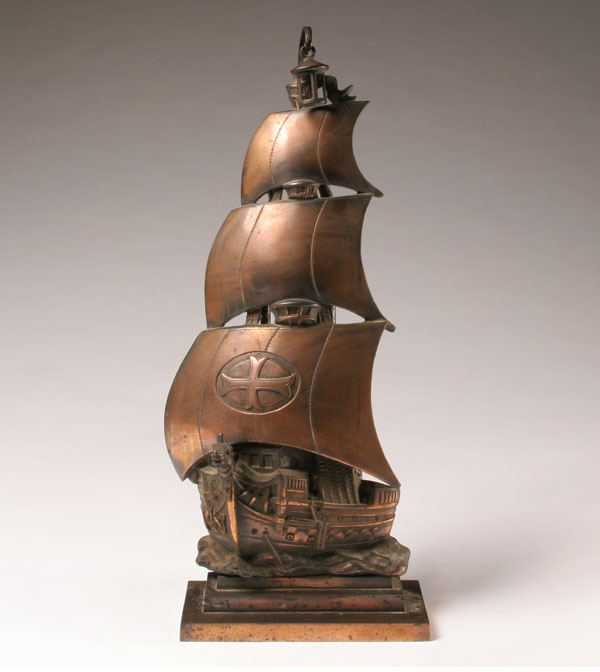 Unusual cast metal sailing ship andiron