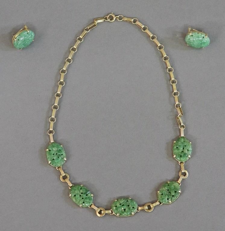 14 karat gold and carved jade necklace,
