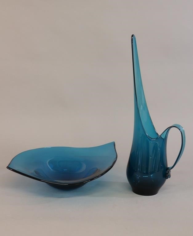 Contemporary blue glass pitcher,