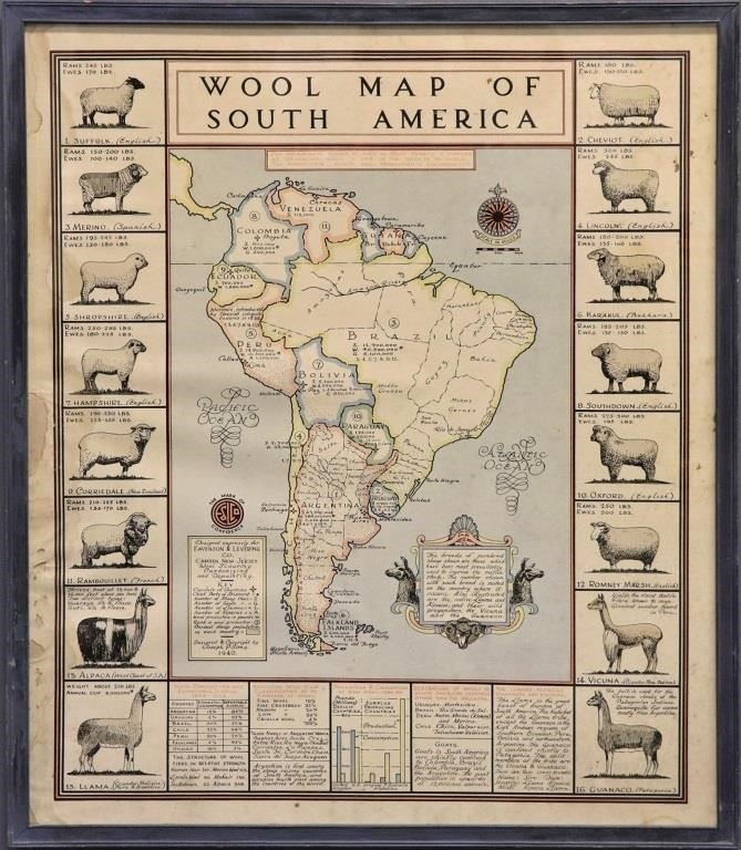 Lithograph Wool Map of South America  31110e