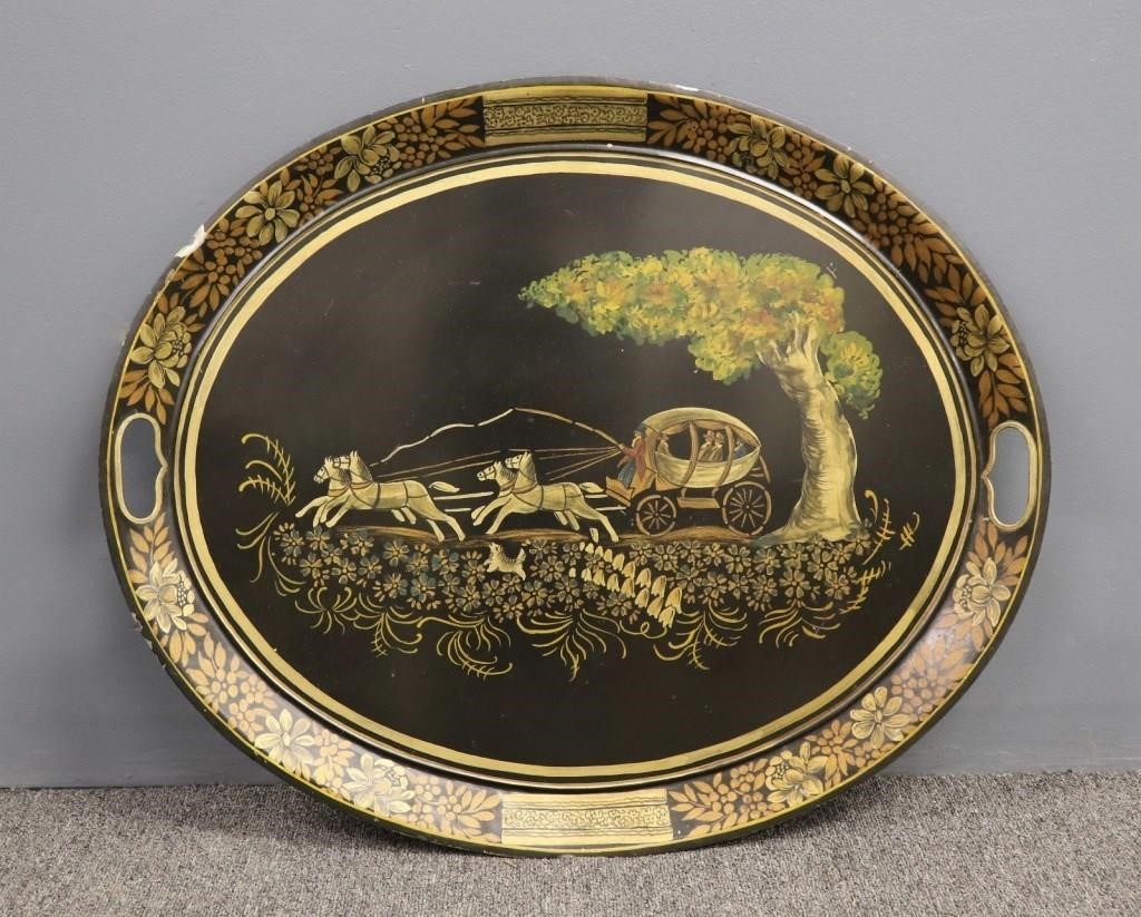 Tole decorated black oval tray with