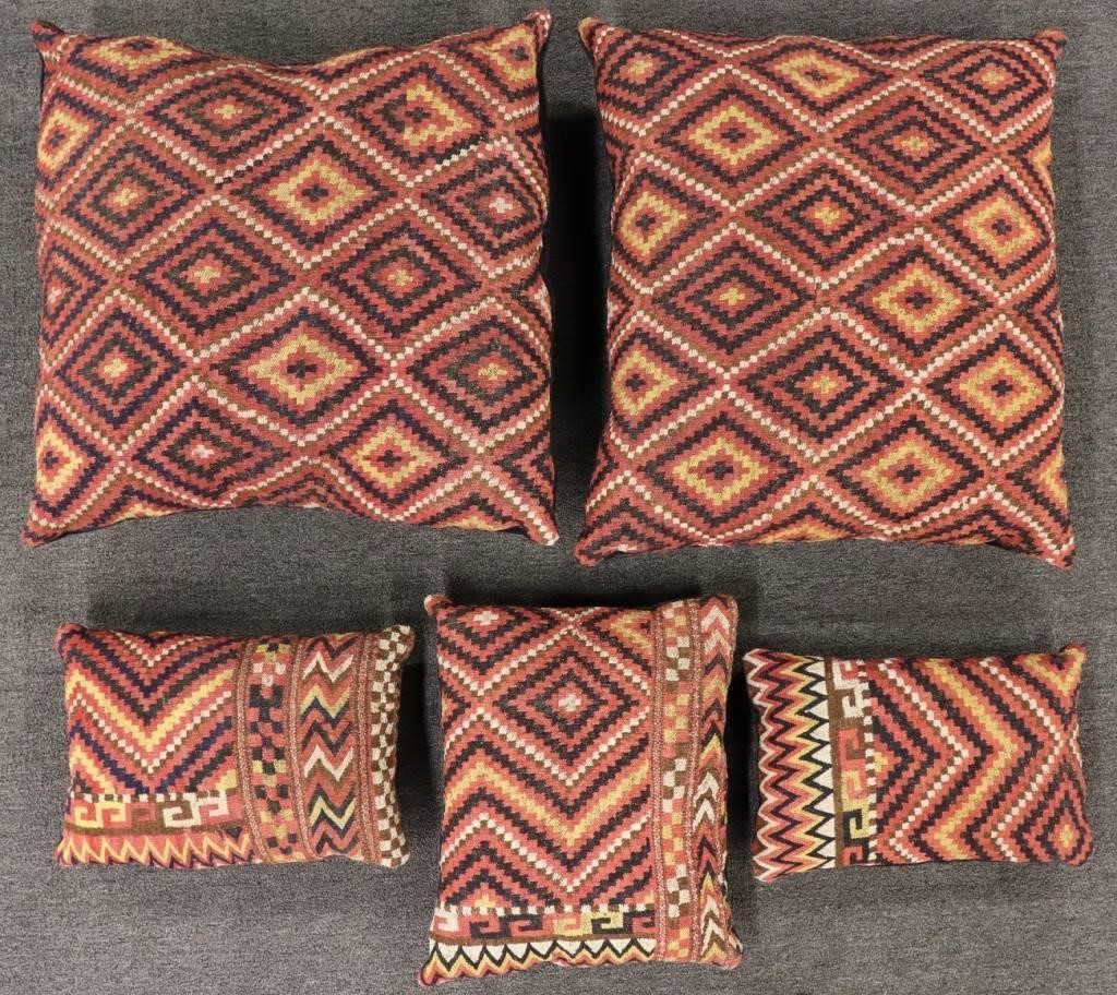 Five kilim pillows, largest 28"l