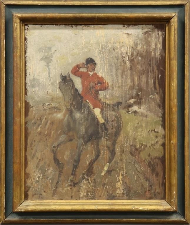 French oil on panel of a fox hunter,