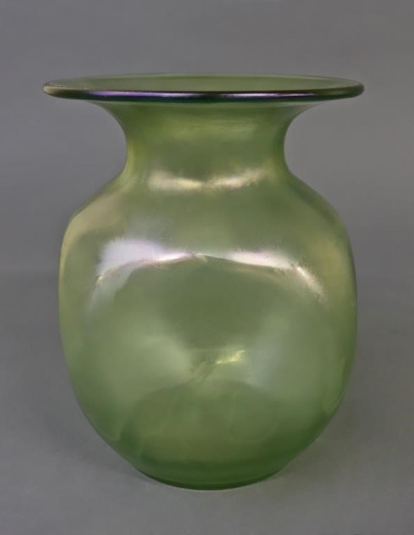 Steuben green Aurene glass vase,