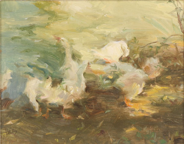 Country scene with several geese, oil