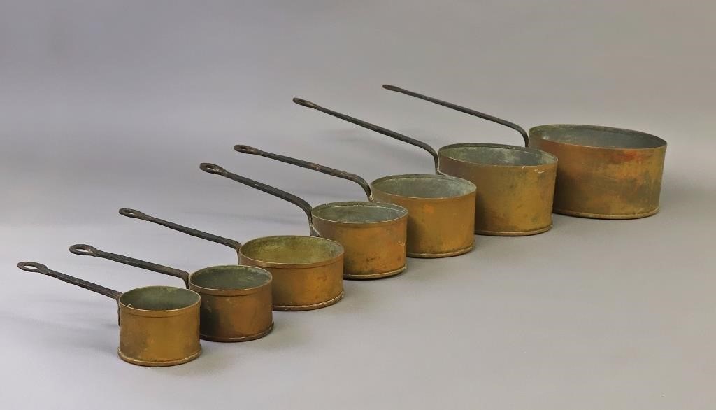 Set of seven Continental copper cook