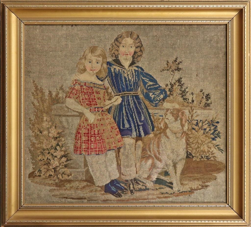 Needlepoint of two girls and a