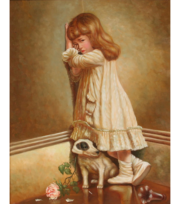 Little girl and puppy in corner,