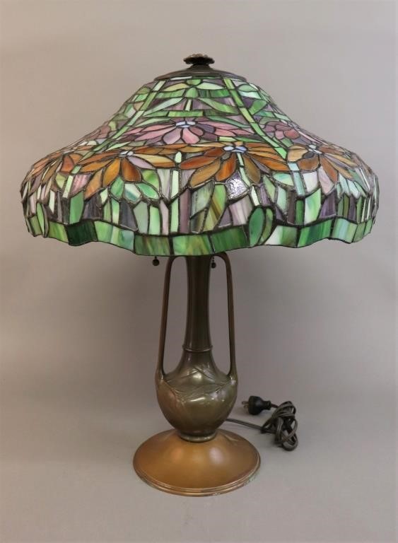 Art glass lamp with leaded glass shade