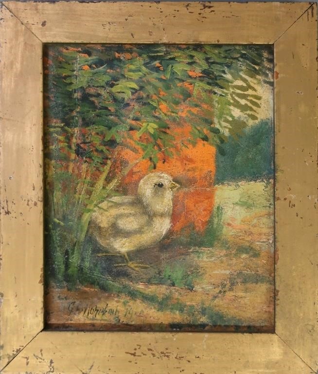 Oil on canvas of a chick, signed,