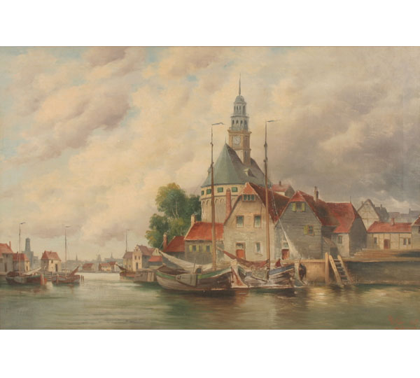 Harbour scene in the city of Amsterdam;