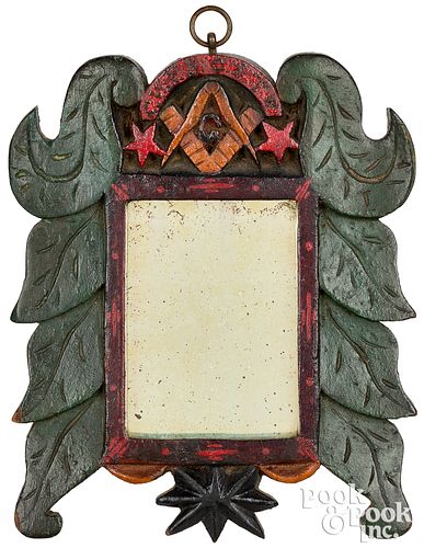 SMALL CARVED AND PAINTED PINE MIRROR,