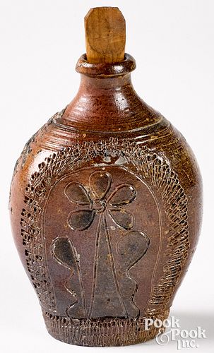 BROWN GLAZED STONEWARE FLASK, CA.