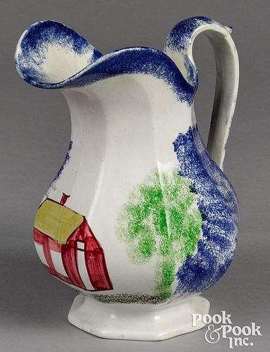 BLUE SPATTER PITCHER WITH SCHOOLHOUSEBlue 311454