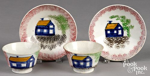 PAIR OF RED SPATTER CUPS AND SAUCERSPair