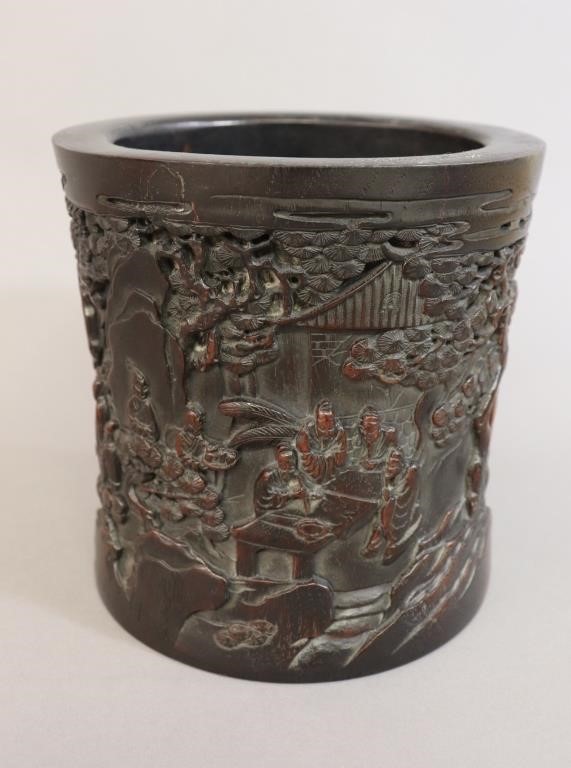 Qing Dynasty zitan brush pot, carved