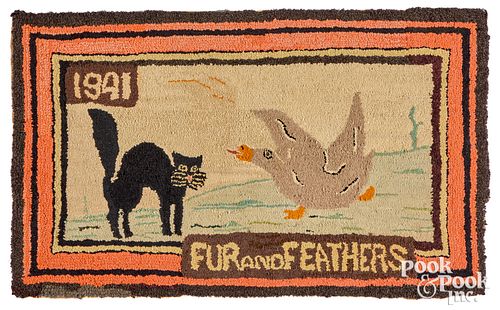 FUR AND FEATHERS HOOKED RUG, DATED