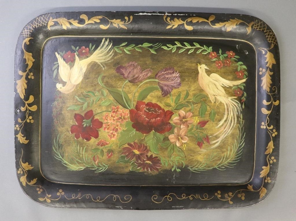 Black metal Tole decorated tray,