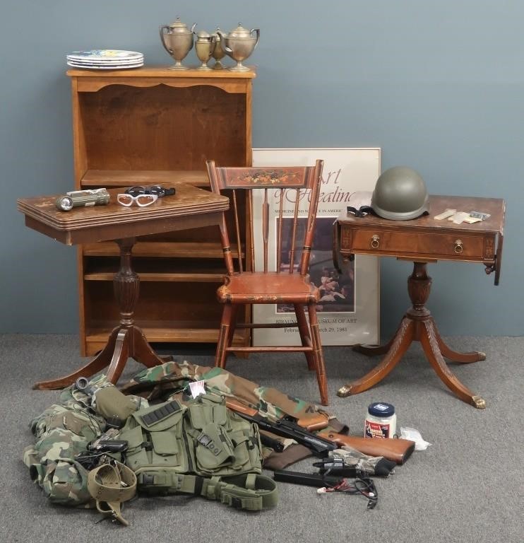 Grouping of a bookcase, two tables,