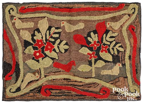BIRD AND FLORAL HOOKED RUG, LATE