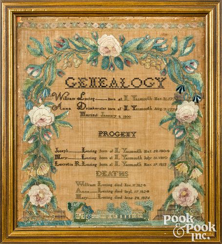 SILK ON LINEN GENEALOGY SAMPLER  3115aa