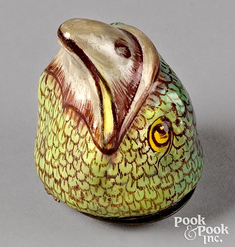 ENGLISH ENAMEL HAWK HEAD BOX, 18TH C.English