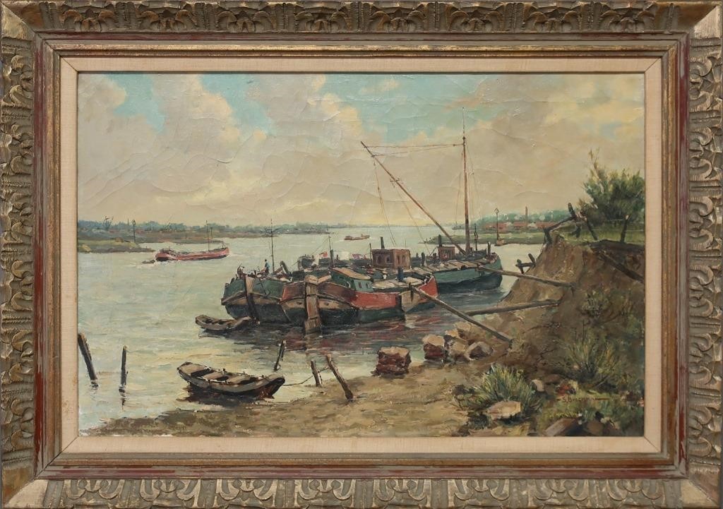 Oil on canvas painting of boats in a