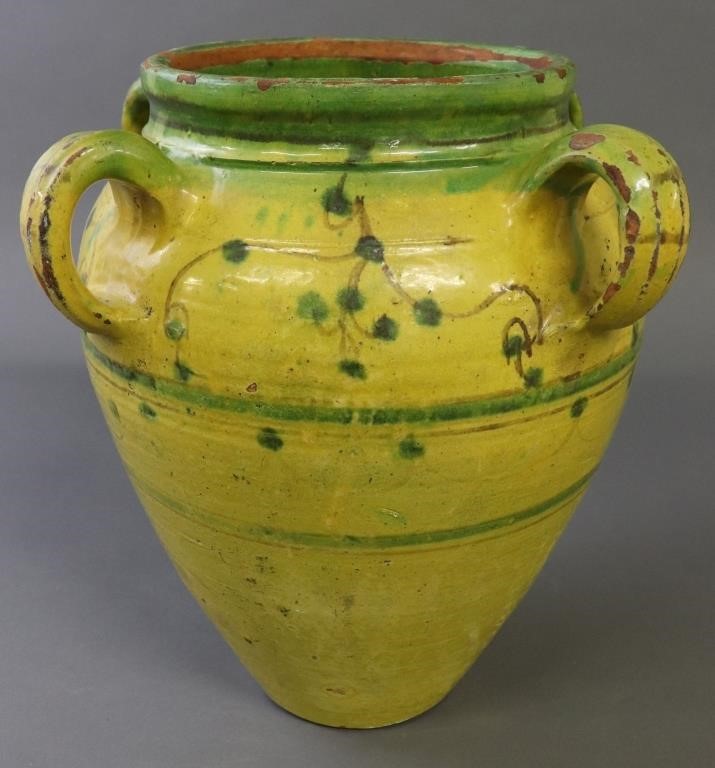 Large French redware vase with yellow