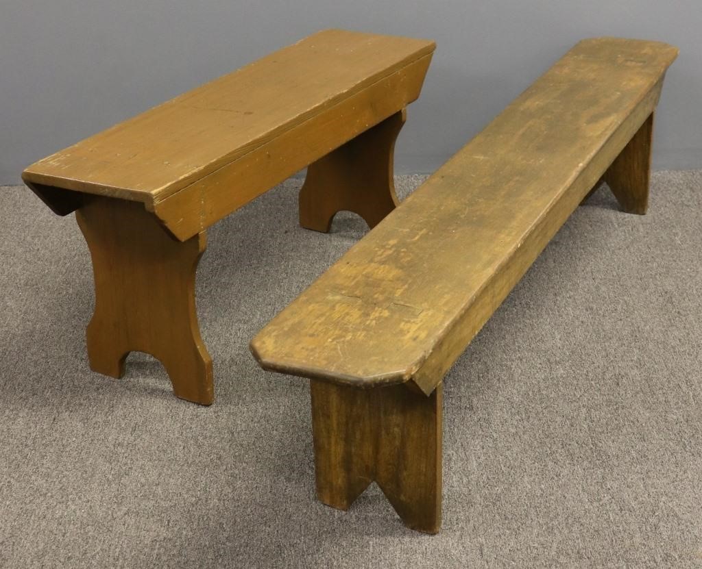 Two primitive country benches, largest