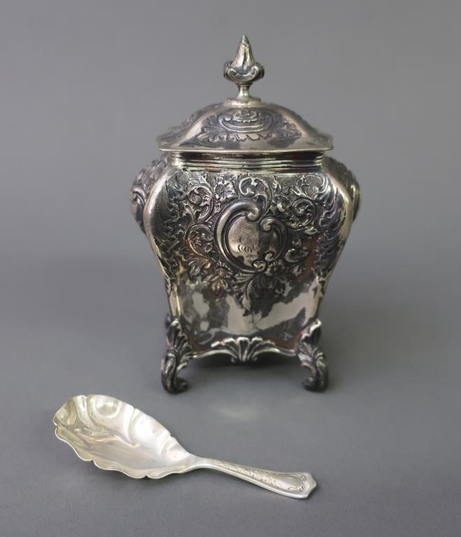 English silver tea caddy marked 3117ed