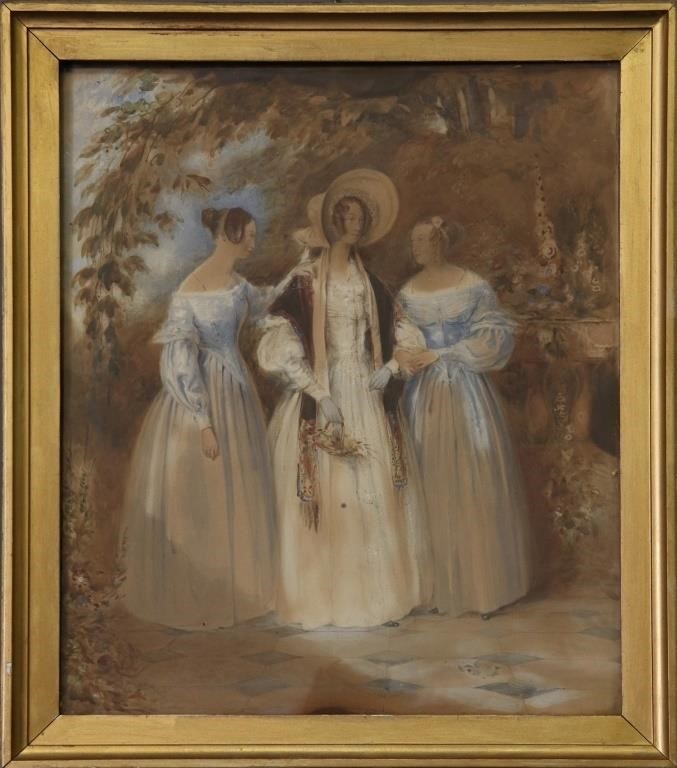 English Gouche of three women, signed
