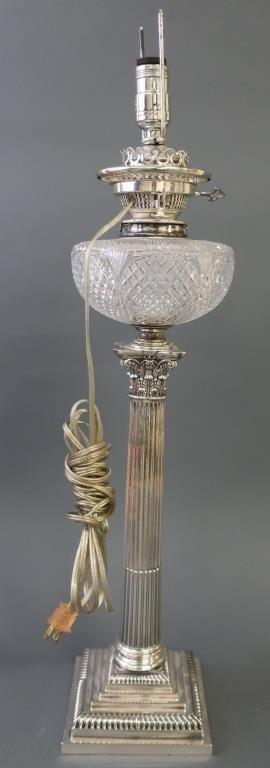 Large English silverplate oil lamp,