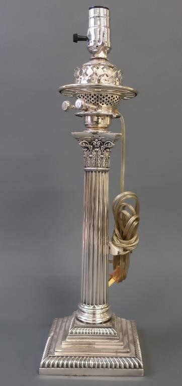 English silverplate oil lamp, electrified,