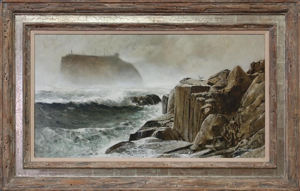 Oil on canvas coastal scene with cliffs,