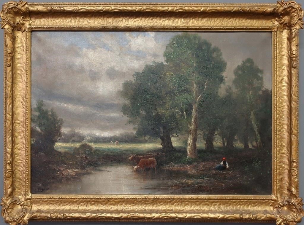 Oil on canvas pastoral scene with