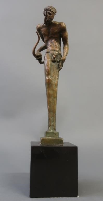 Nude male bronze herm figure in grotesque