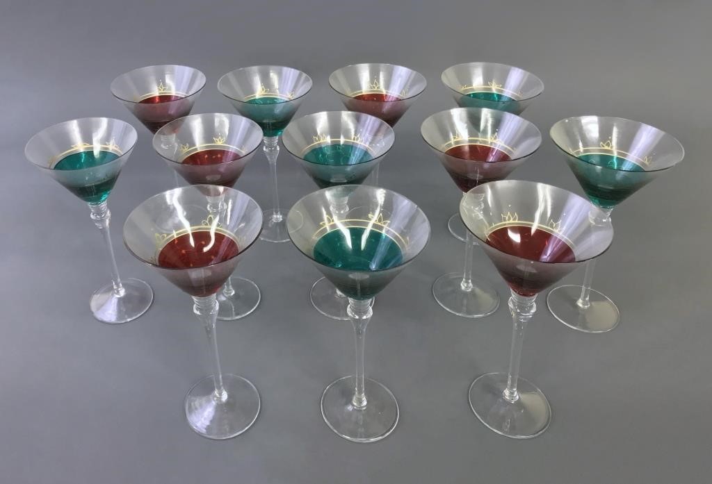 Set of twelve colorful martini glasses,