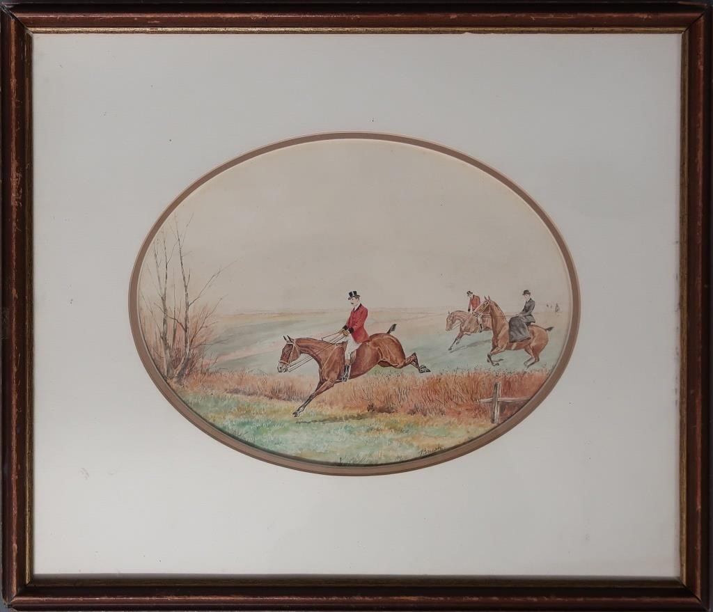 Watercolor of foxhunters taking