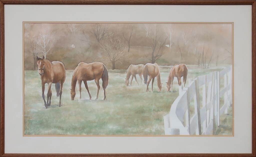 Framed and matted watercolor of horses