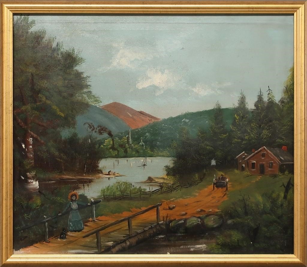 Oil on canvas primitive lake scene 31195c
