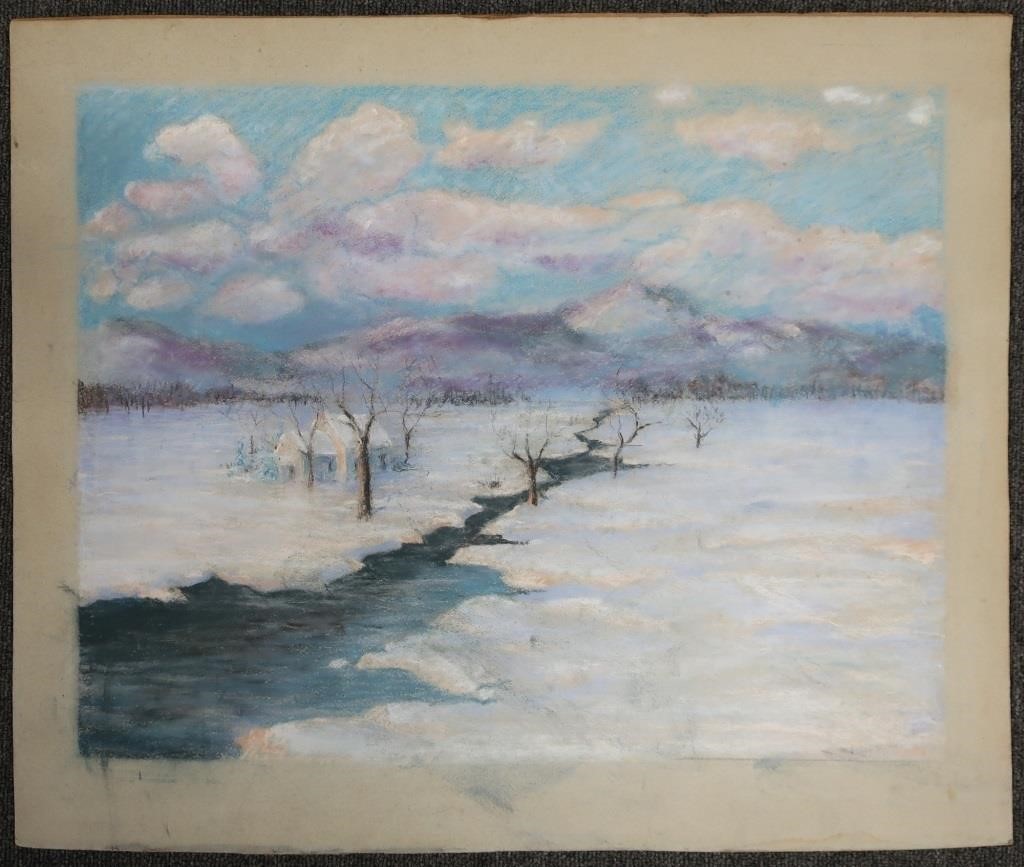 Unframed pastel on board snow scene