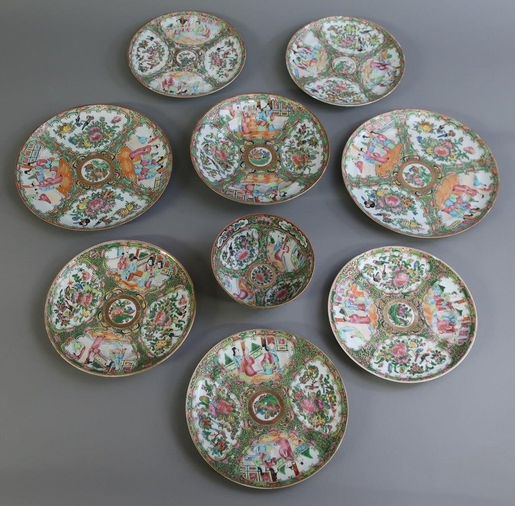 Seven Rose Medallion plates, largest