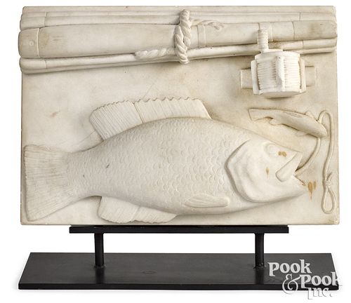 CARVED MARBLE FISH PLAQUE, CA.