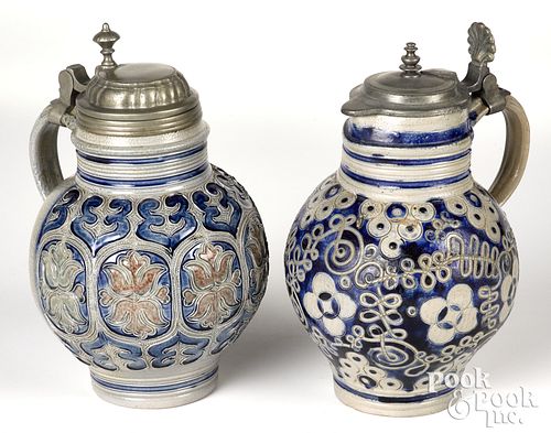 TWO GERMAN STONEWARE FLAGONS, LATE