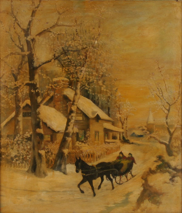 Naive winter scene depicting a horse