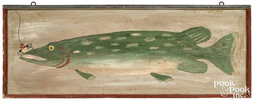 PAINTED PINE FISH PLAQUE, EARLY